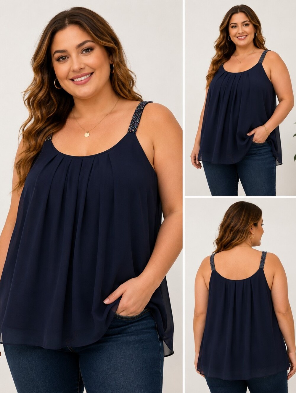 💙 MANER Navy Beaded Strap Chiffon Tank Top Plus Size 3XL